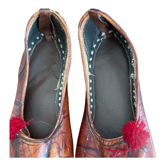 MahYogan Juties Mens Hand Stitched with Pom Poms Leather Brown Shoes Slippers 12